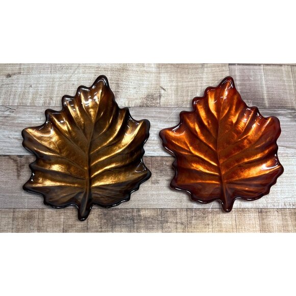 Decorative Ceramic Leaf-Shaped Trinket Dishes Set Of 2 Autumn Colors - Picture 1 of 6